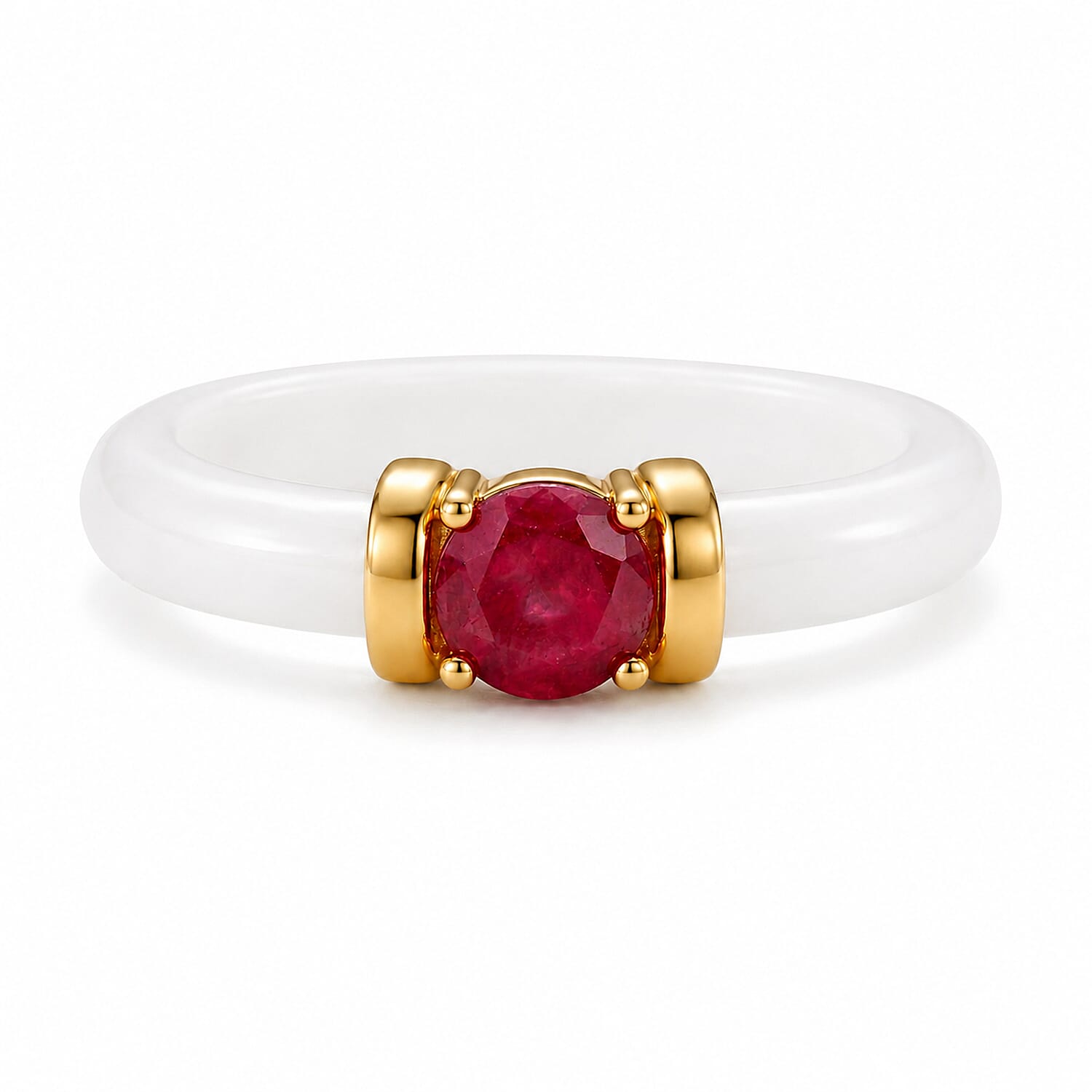 D'Joy - African Ruby & Dyed White Jade Band Ring in Yellow Gold Plated Sterling Silver 7.90 Ct.