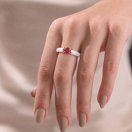 D'Joy - African Ruby & Dyed White Jade Band Ring in Yellow Gold Plated Sterling Silver 7.90 Ct.