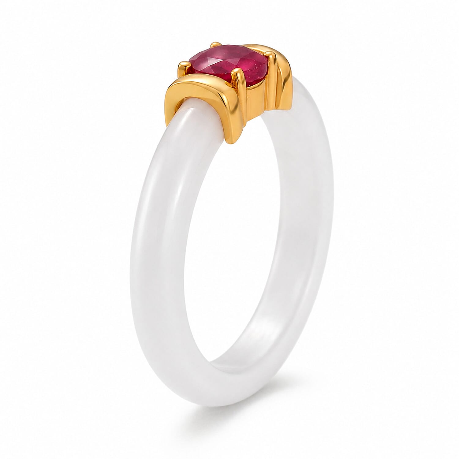 D'Joy - African Ruby & Dyed White Jade Band Ring in Yellow Gold Plated Sterling Silver 7.90 Ct.