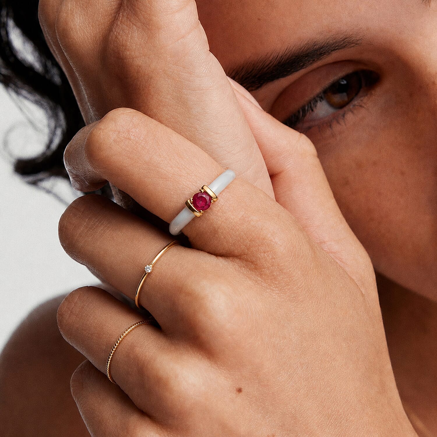 D'Joy - African Ruby & Dyed White Jade Band Ring in Yellow Gold Plated Sterling Silver 7.90 Ct.