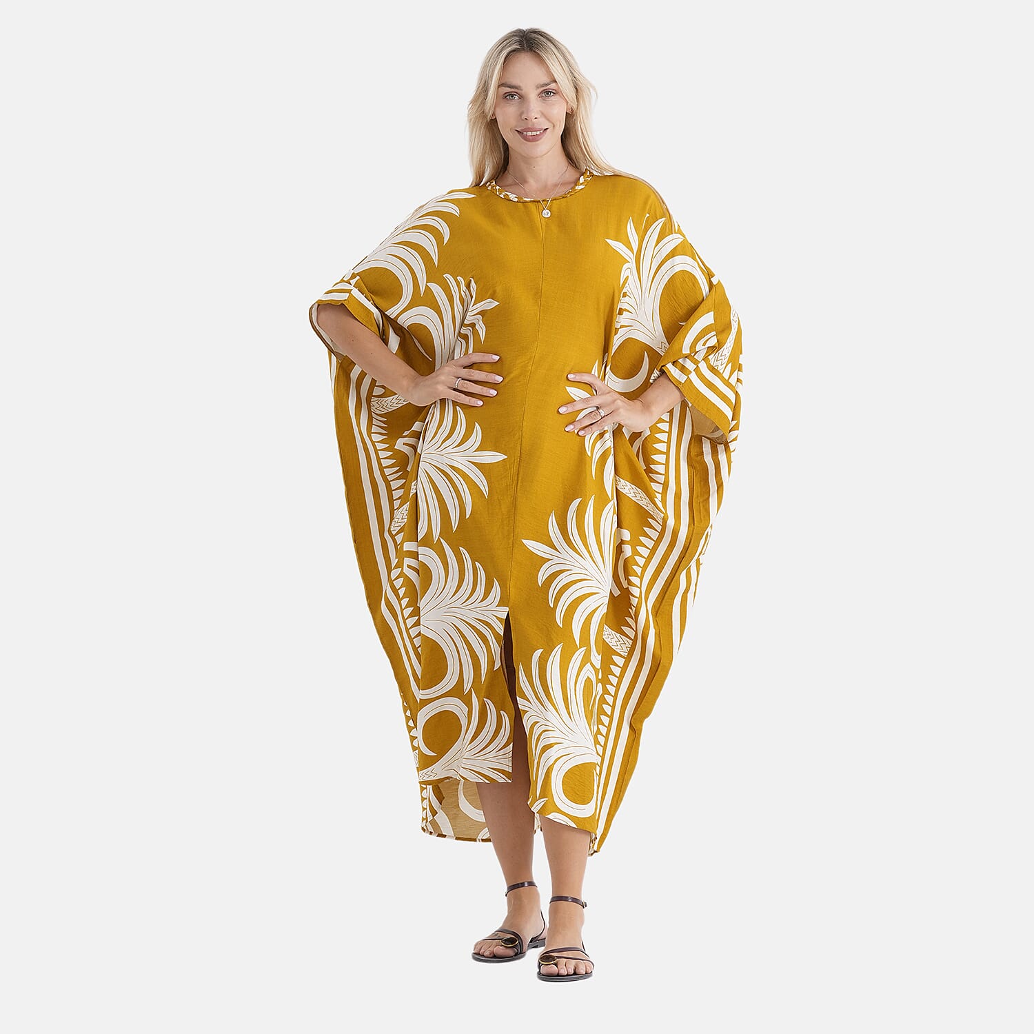 La Marey Embroidered Holiday Kaftan Dress (Size - One Size) - Yellow