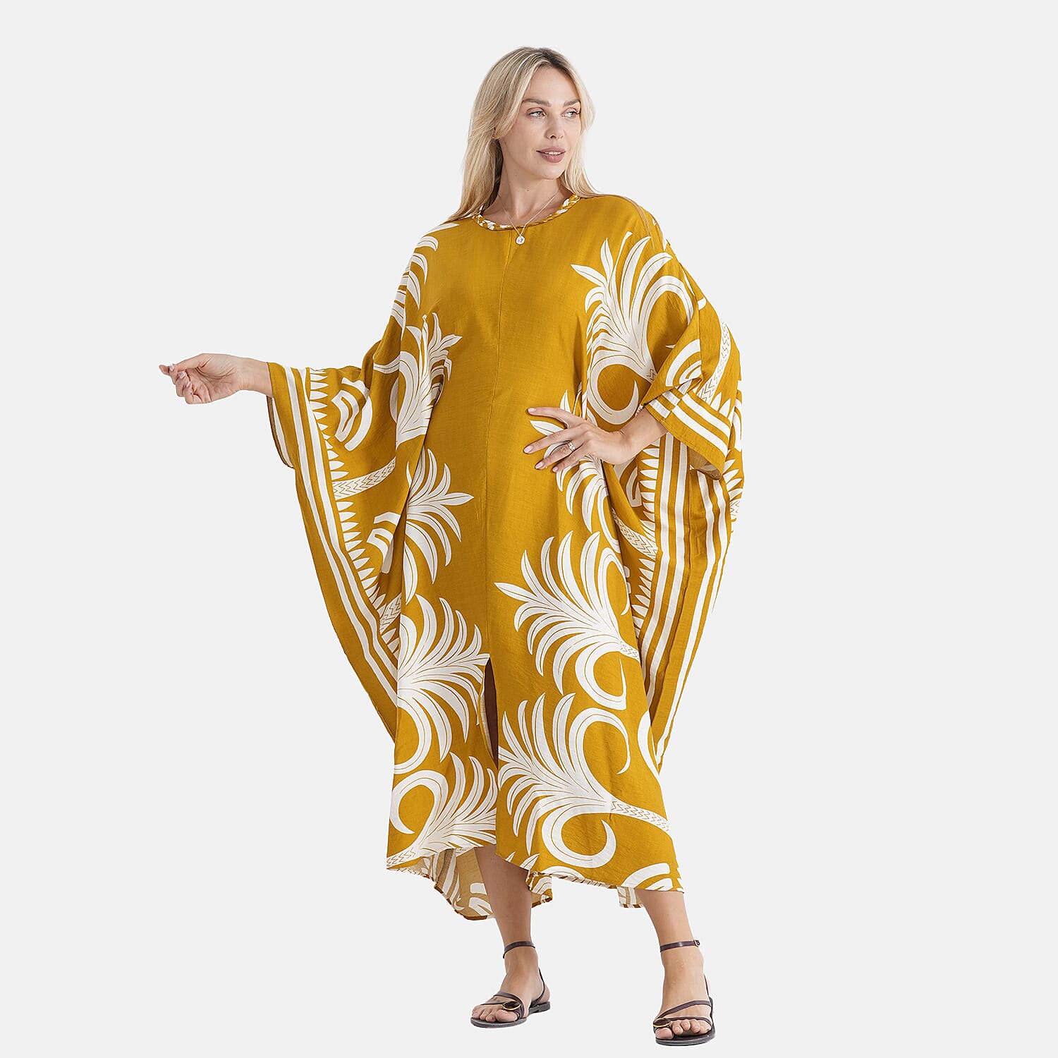 La Marey Embroidered Holiday Kaftan Dress (Size - One Size) - Yellow