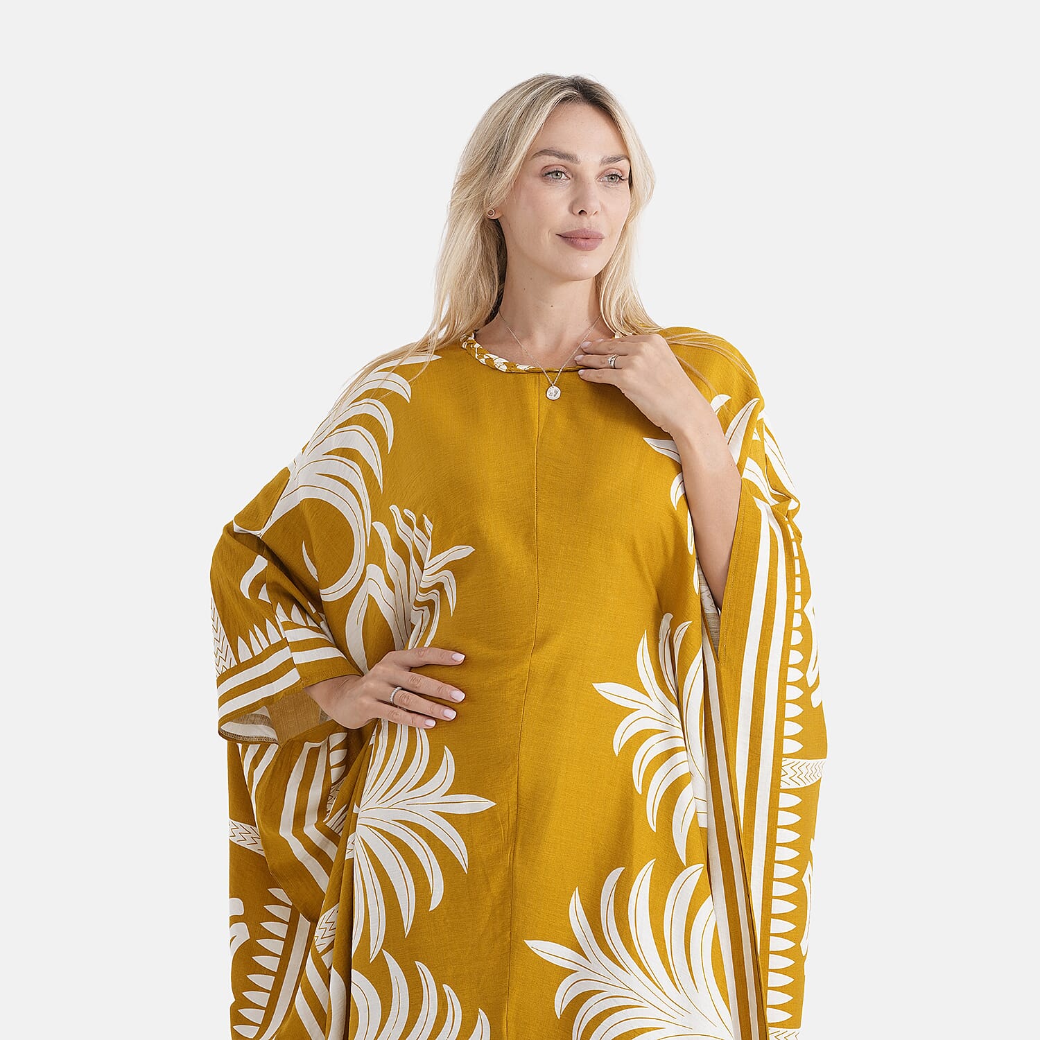 La Marey Embroidered Holiday Kaftan Dress (Size - One Size) - Yellow