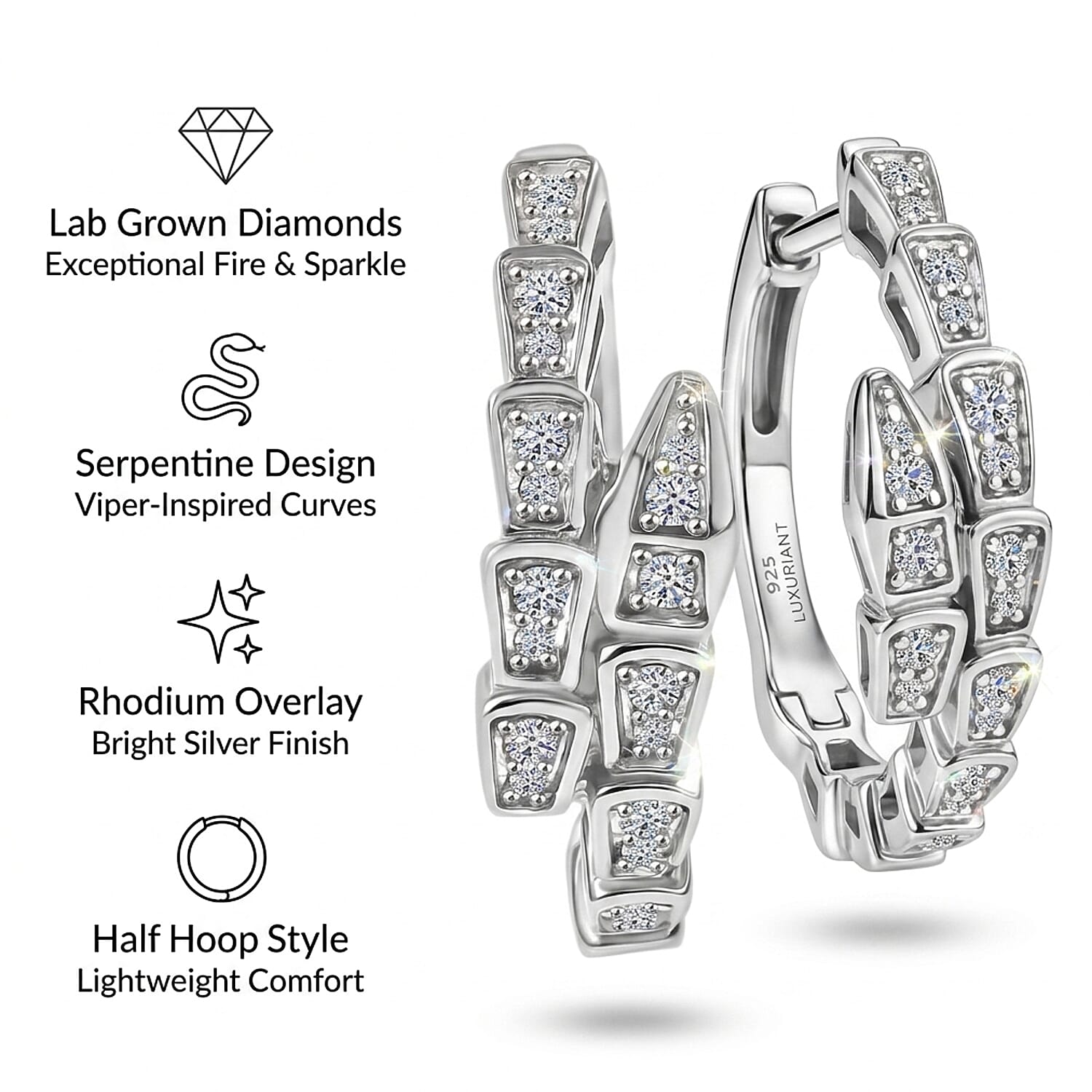 Luxuriant SI-G-H Lab Grown Diamond J Hoop Earring in Rhodium Overlay Sterling Silver