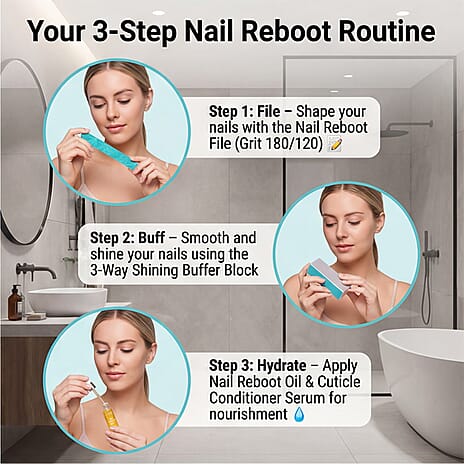 Essential Nail Reboot Challange Kit - includes Nail - Cuticle Conditioning Serum, Nail Reboot Oil, 3-Way Shining Buffer Block, Replacement Buffing Pads Kit, and Nail Reboot File (Grit 180-120)