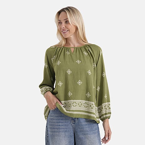 La Marey Placement Print Blouse (Size S-M, 8 To 14) - Olive Green
