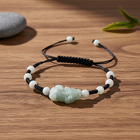 White Jade Beads Adjustable Pixiu Charm Bracelet (Size - 6.5 To 9) 35.00 Ct.