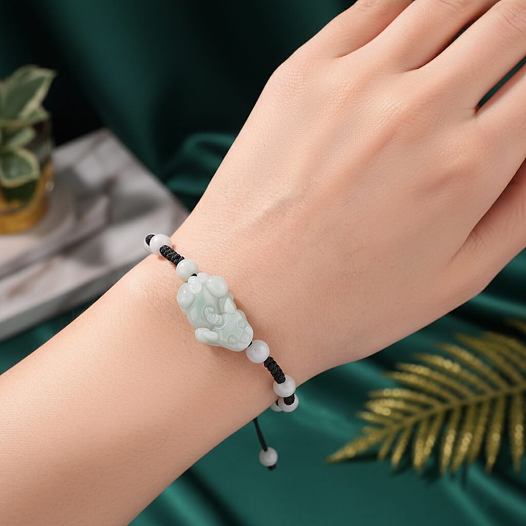 White Jade Beads Adjustable Pixiu Charm Bracelet (Size - 6.5 To 9) 35.00 Ct.