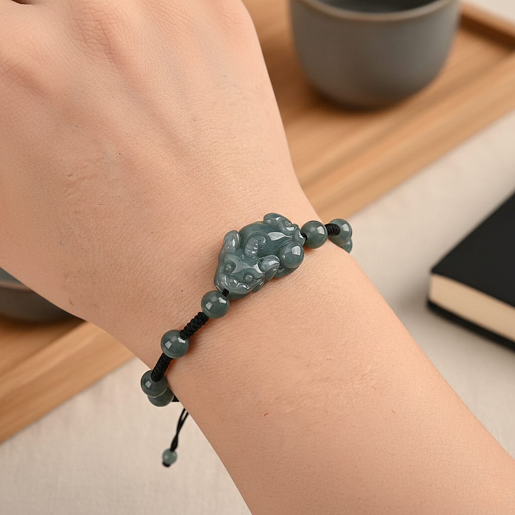 Natural Jadeite Jade Beads Adjustable Pixiu Charm Bracelet (Size - 6.5 To 9) 35.00 Ct.