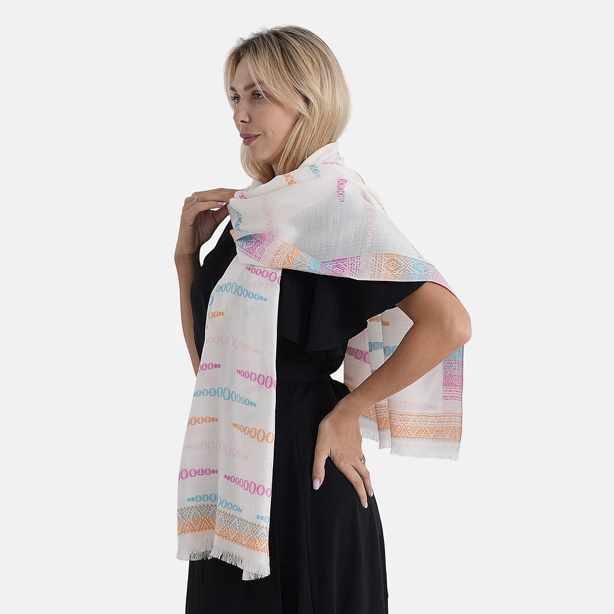 - Maisi 100% Cotton Printed Tassel Scarf (70 x 190 cm) - Beige