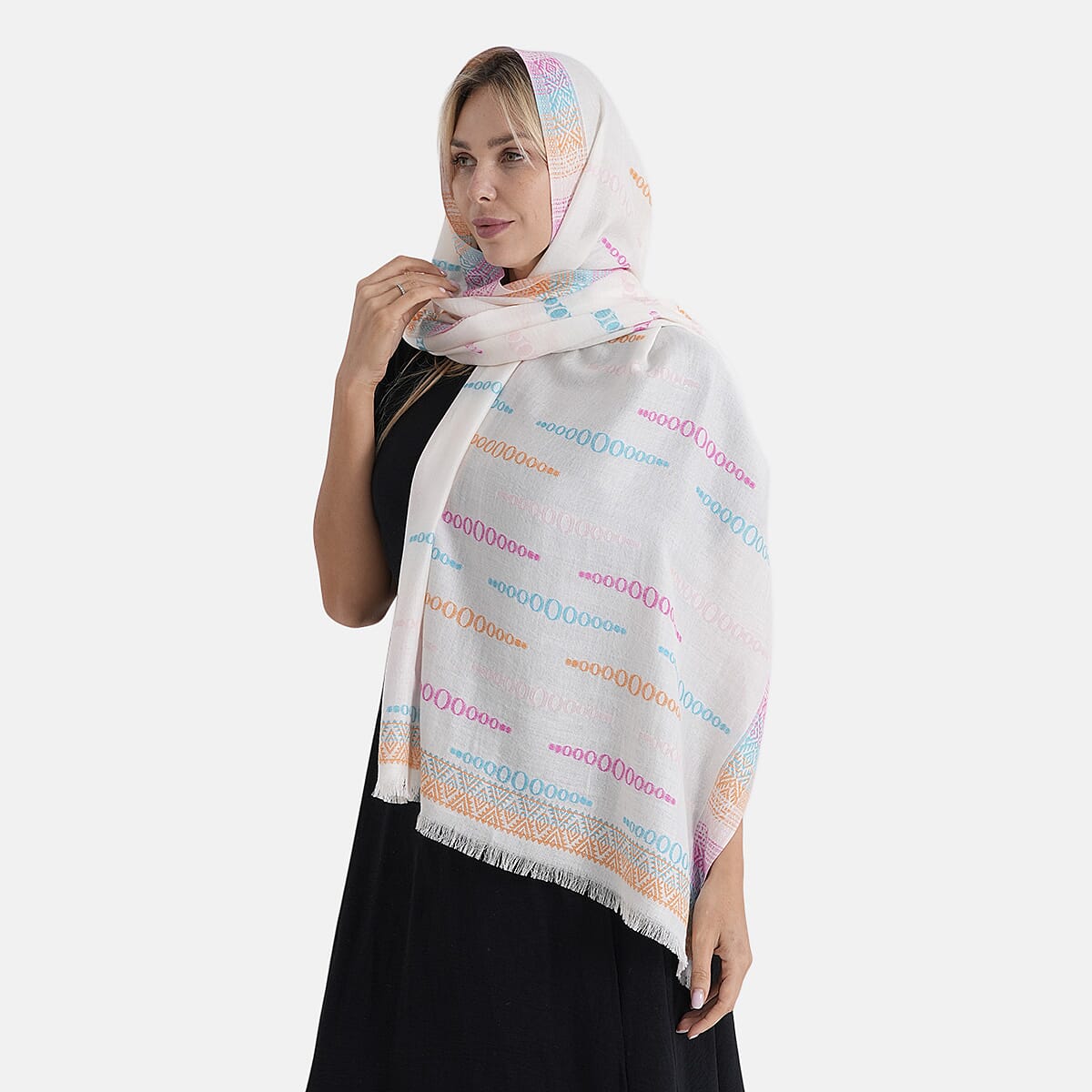 - Maisi 100% Cotton Printed Tassel Scarf (70 x 190 cm) - Beige