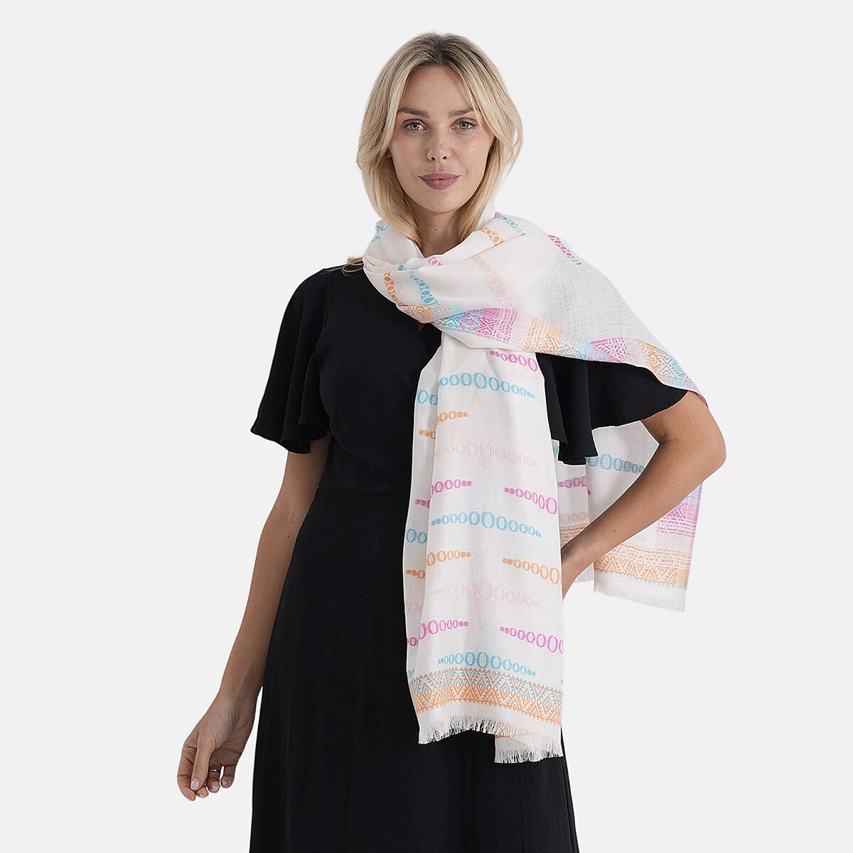 - Maisi 100% Cotton Printed Tassel Scarf (70 x 190 cm) - Beige