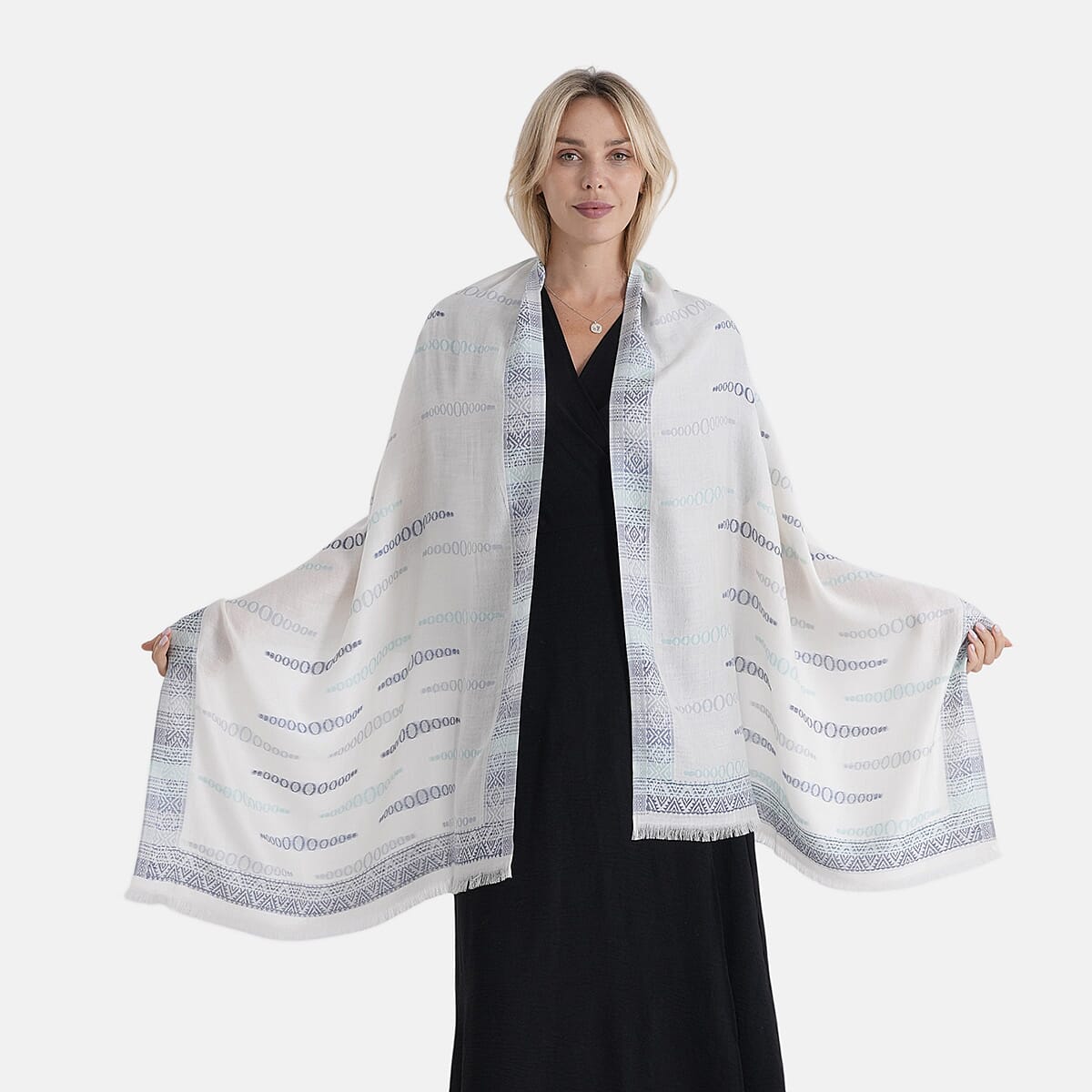 - Maisi 100% Cotton Printed Tassel Scarf (70 x 190 cm) - White