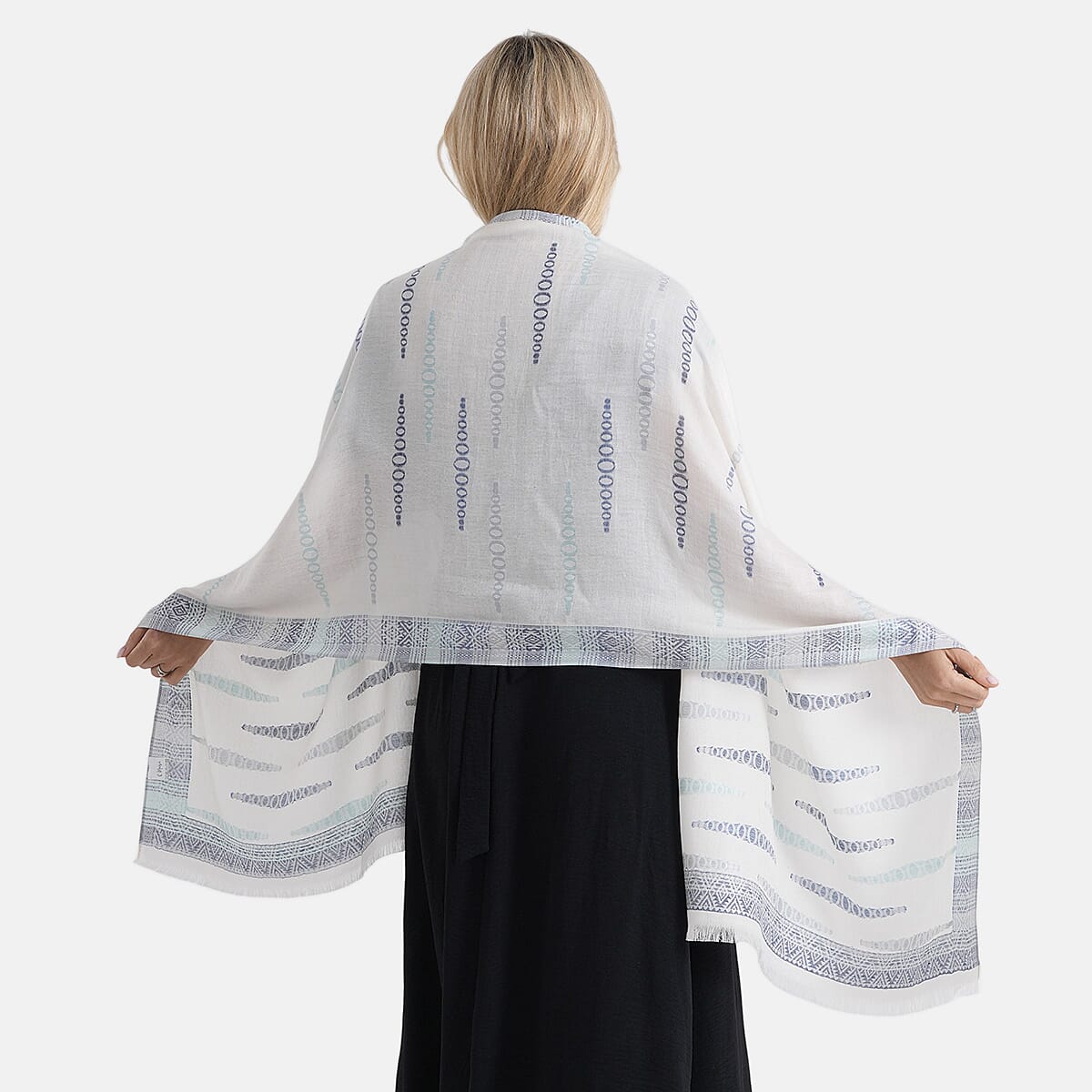 - Maisi 100% Cotton Printed Tassel Scarf (70 x 190 cm) - White
