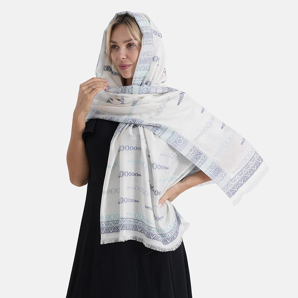 - Maisi 100% Cotton Printed Tassel Scarf (70 x 190 cm) - White