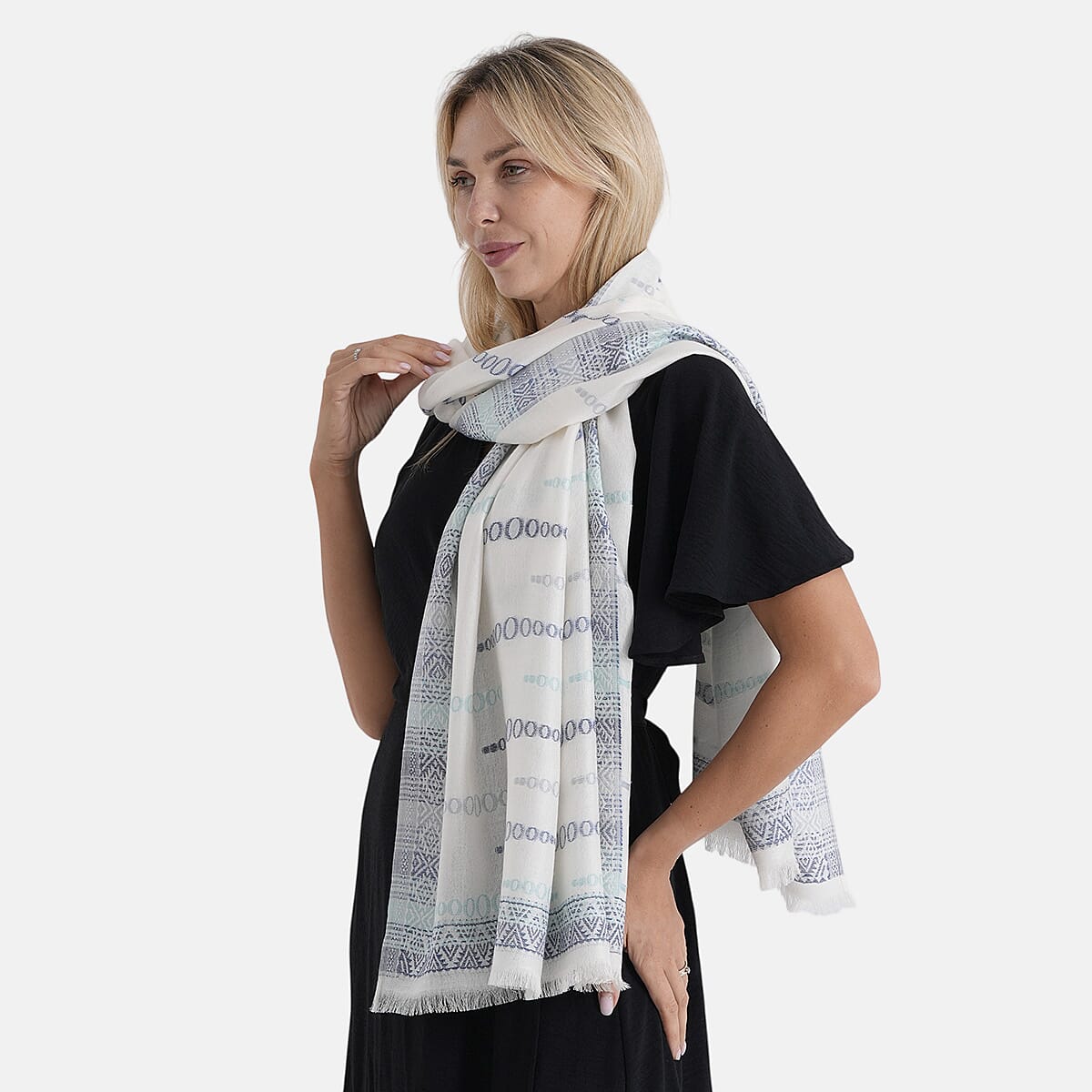 - Maisi 100% Cotton Printed Tassel Scarf (70 x 190 cm) - White