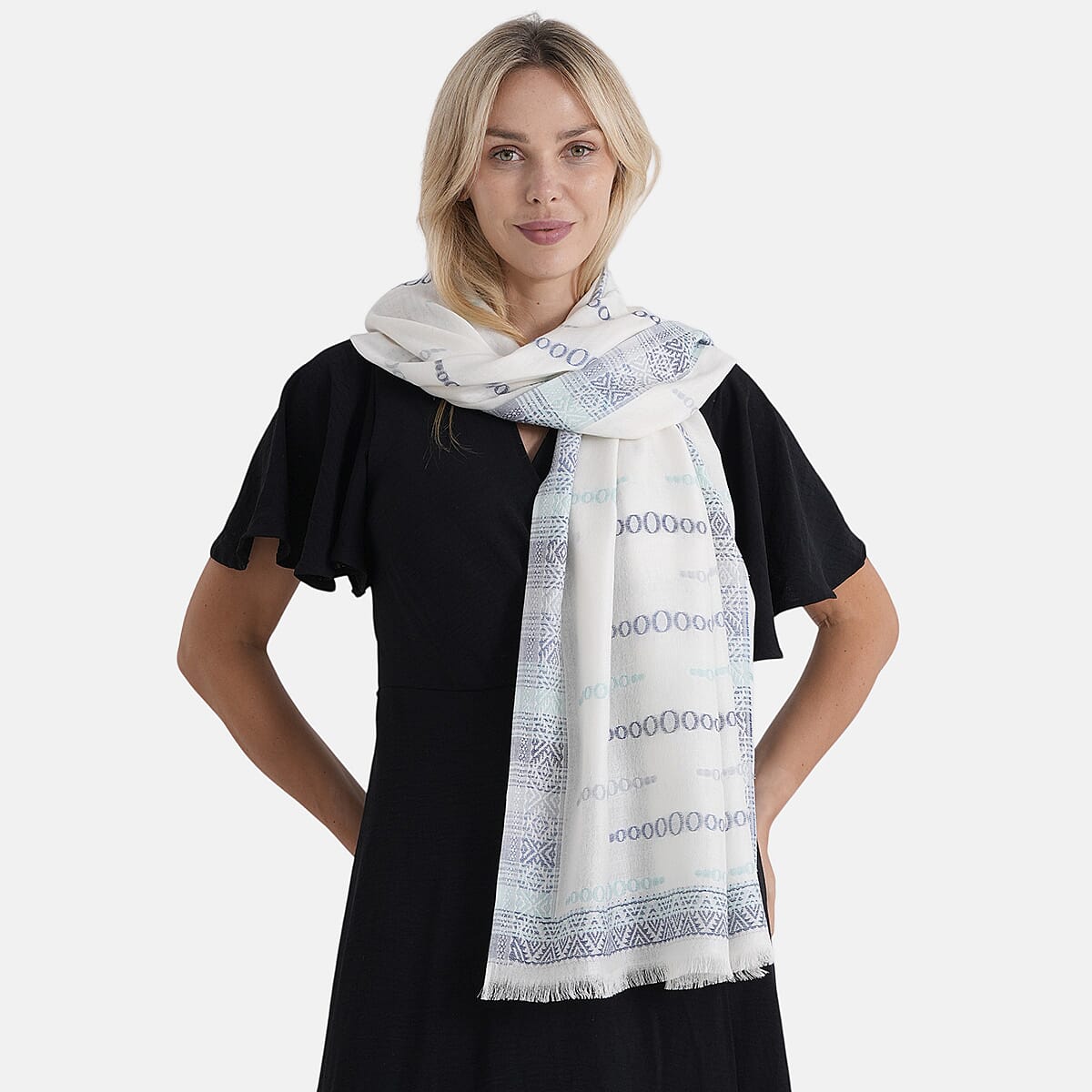 - Maisi 100% Cotton Printed Tassel Scarf (70 x 190 cm) - White