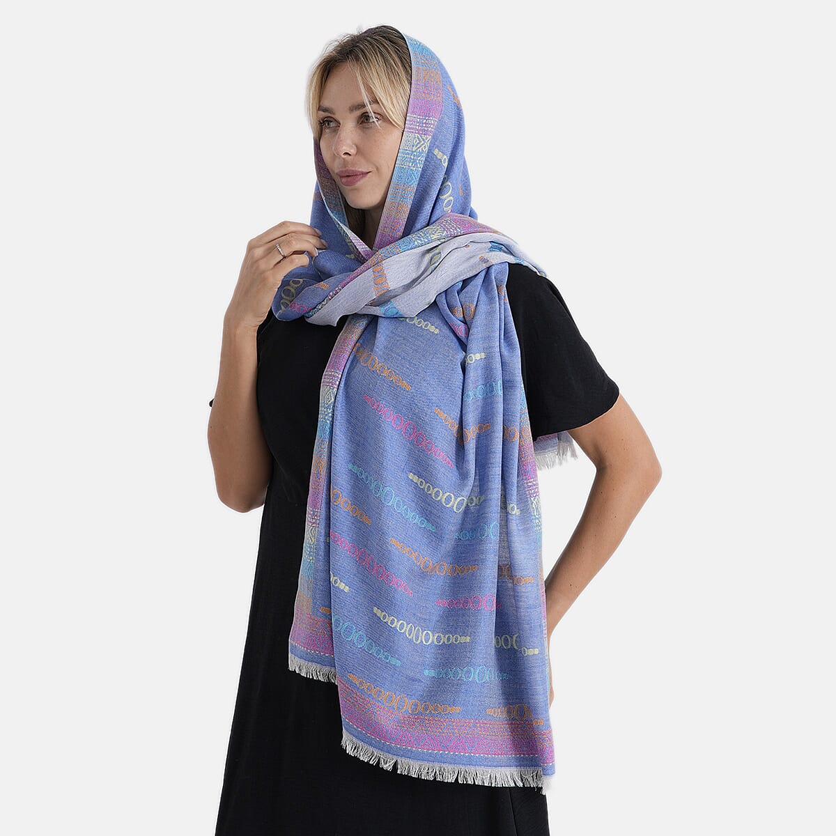 - Maisi 100% Cotton Printed Tassel Scarf (70 x 190 cm) - Blue