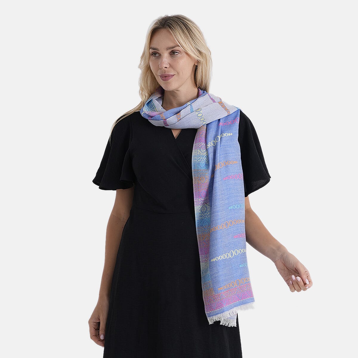 - Maisi 100% Cotton Printed Tassel Scarf (70 x 190 cm) - Blue