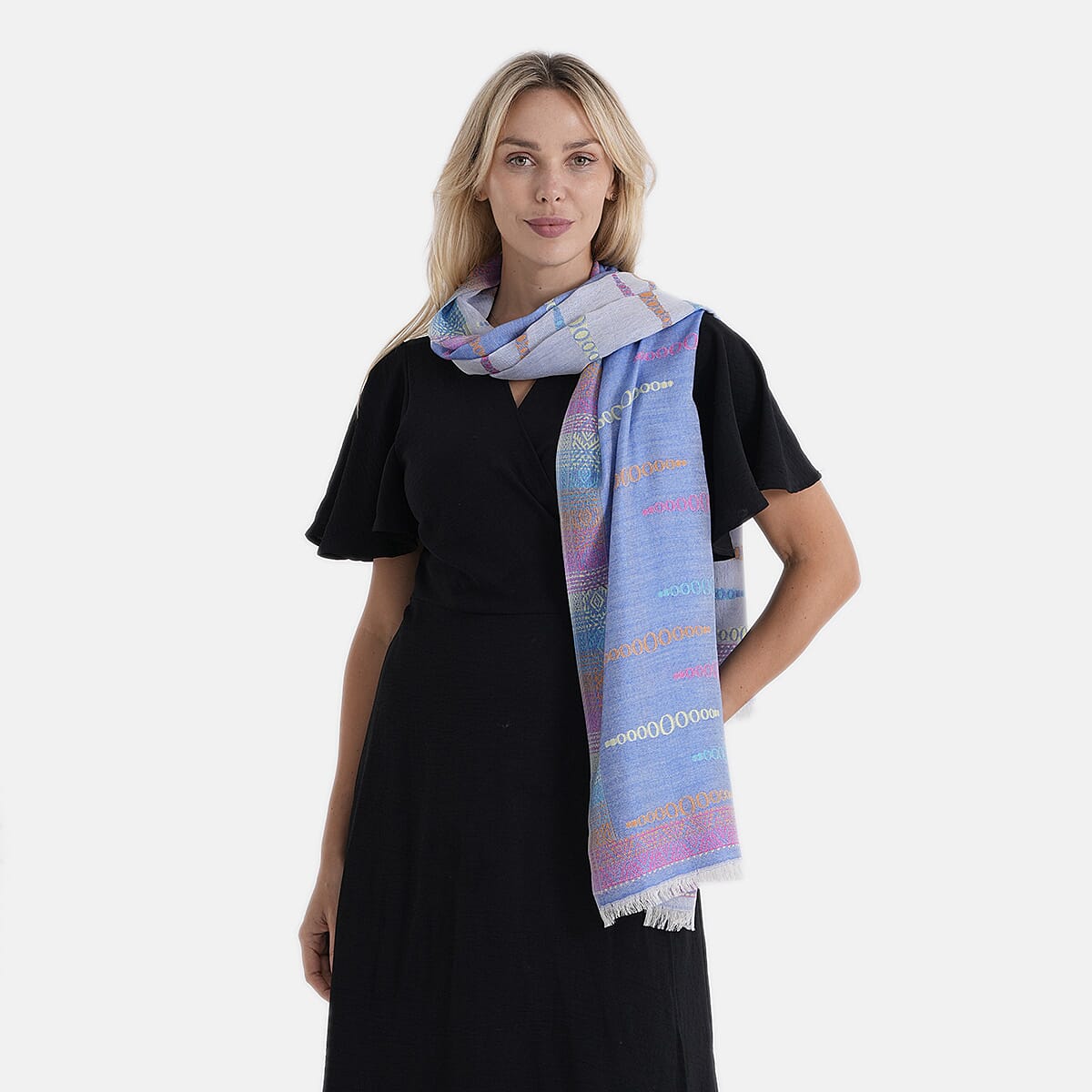- Maisi 100% Cotton Printed Tassel Scarf (70 x 190 cm) - Blue