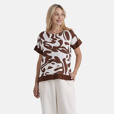La Marey Womens Printed Short Sleeve Blouse (Size S-M, 8-14) - White & Brown