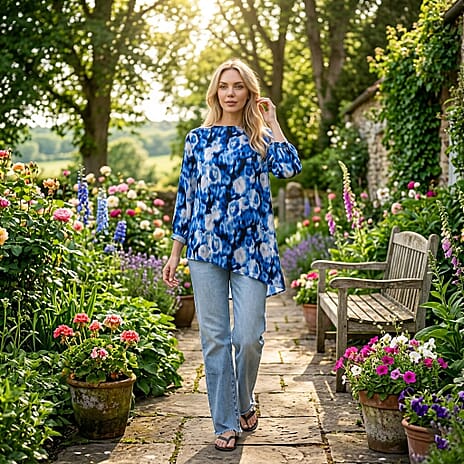 La Marey Asymmetrical Hem Printed Blouse (Size S-M, 8 To 14) - Blue