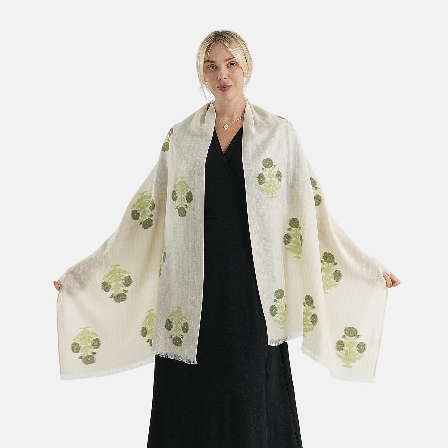 - Maisi Cotton Floral Printed Tassel Scarf (70 x 190 cm) - Beige