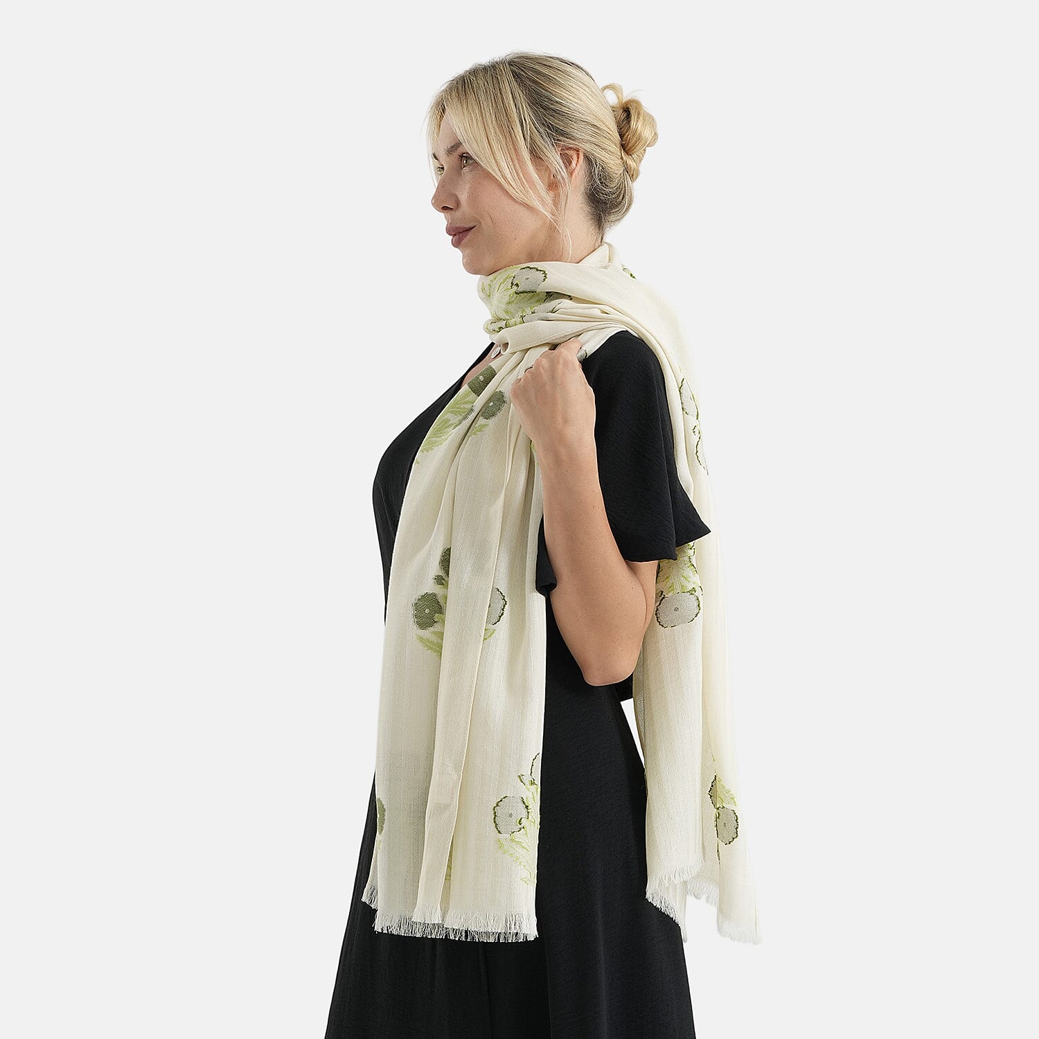 - Maisi Cotton Floral Printed Tassel Scarf (70 x 190 cm) - Beige