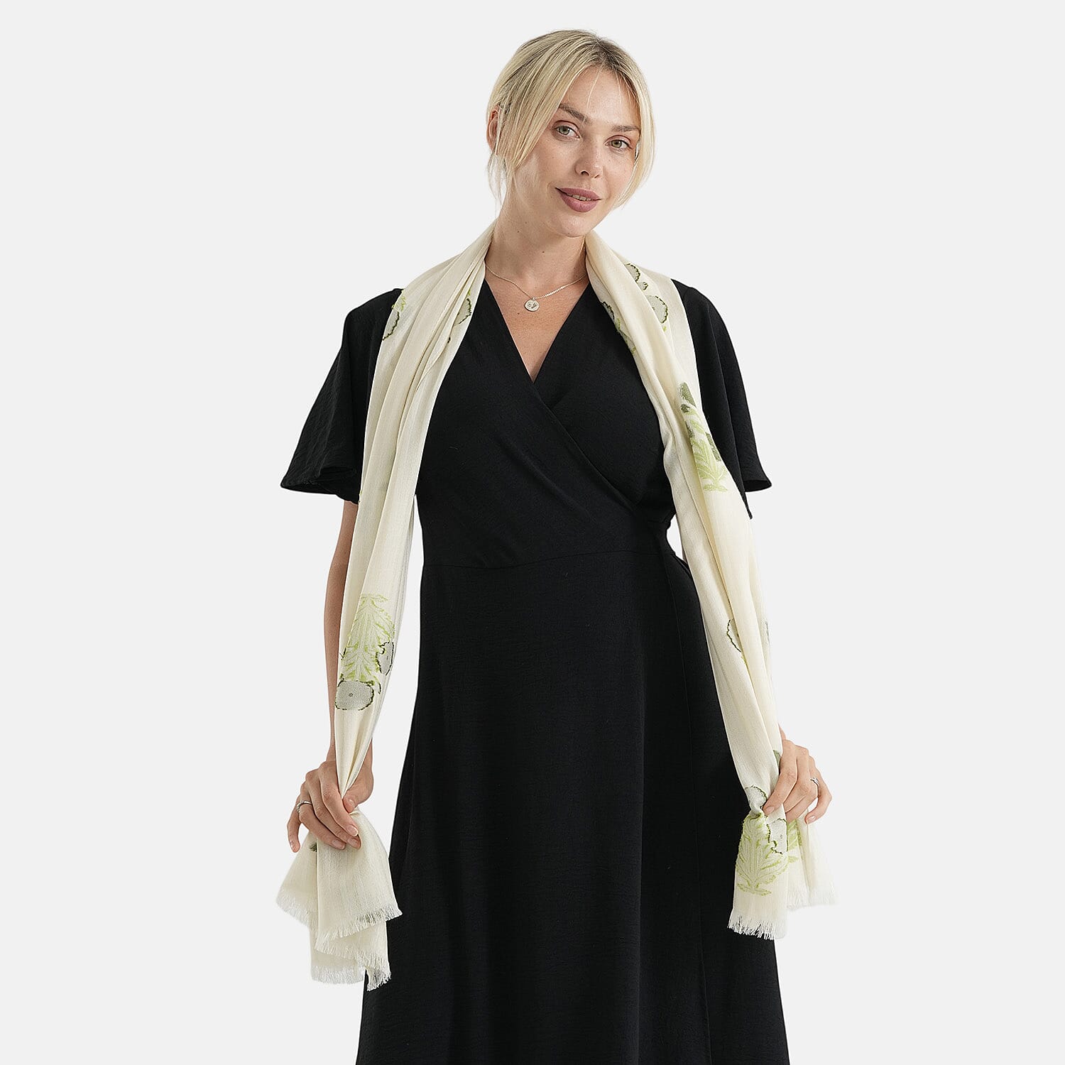 - Maisi Cotton Floral Printed Tassel Scarf (70 x 190 cm) - Beige