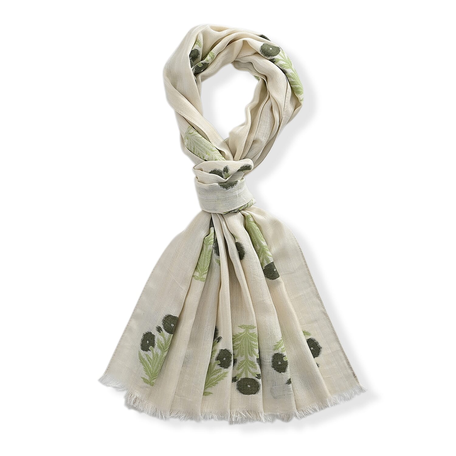 - Maisi Cotton Floral Printed Tassel Scarf (70 x 190 cm) - Beige