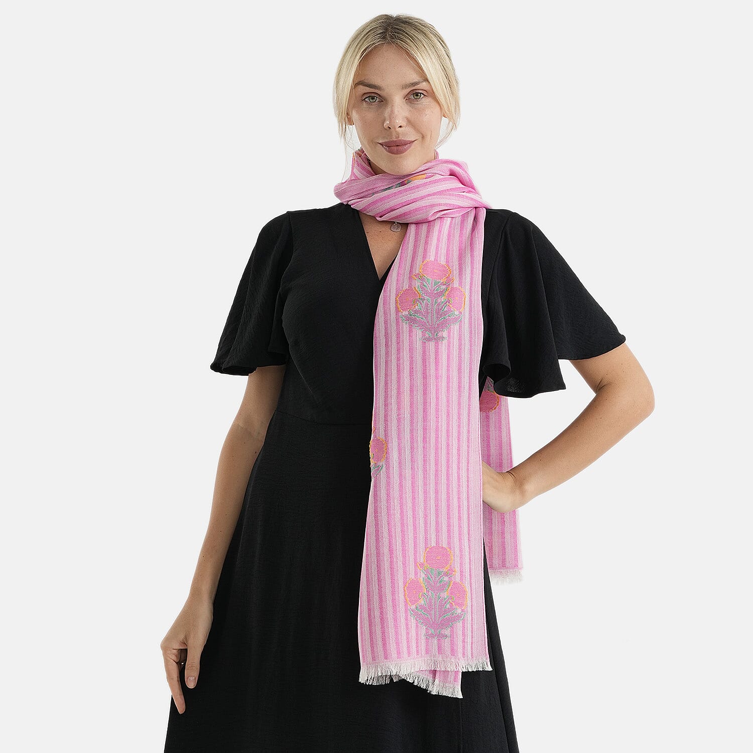 - Maisi Cotton Floral Printed Tassel Scarf (70 x 190 cm) - Red