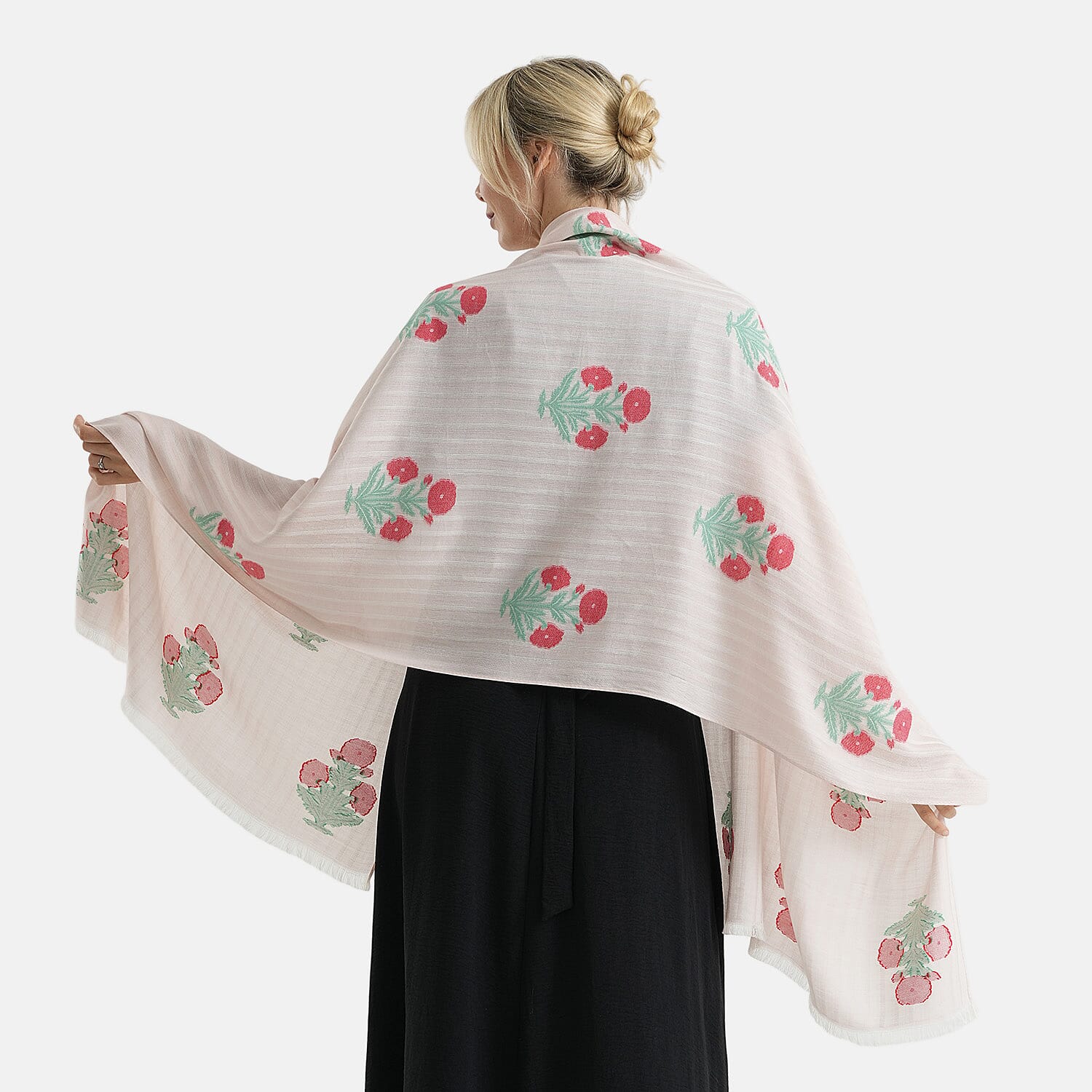 - Maisi Cotton Floral Printed Tassel Scarf (70 x 190 cm) - Pink