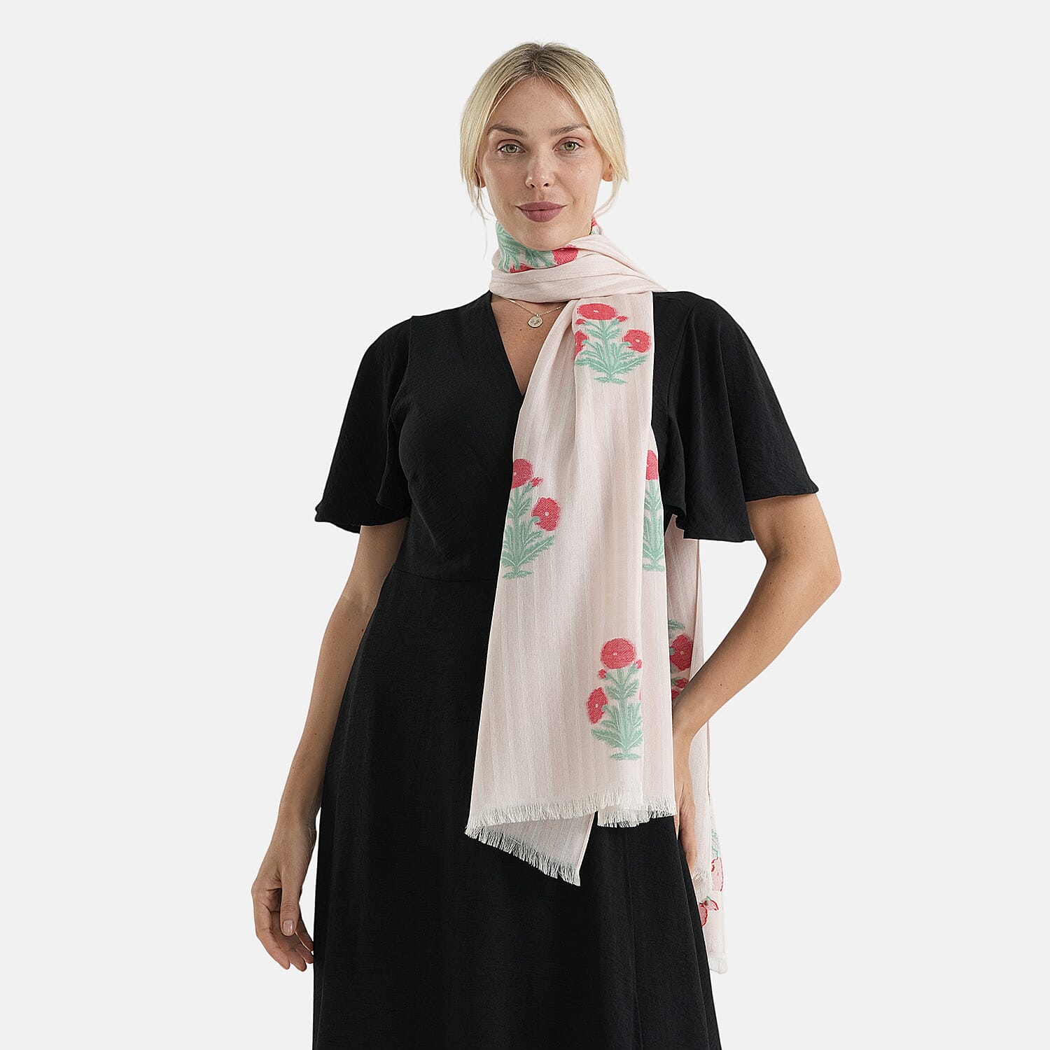 - Maisi Cotton Floral Printed Tassel Scarf (70 x 190 cm) - Pink