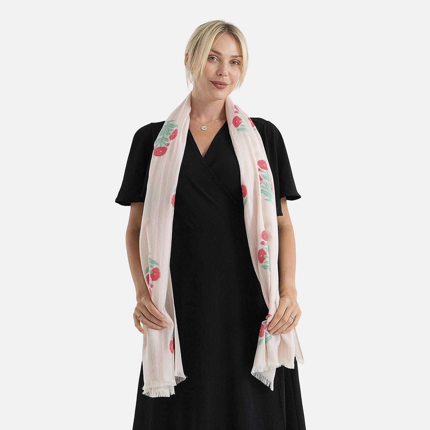 - Maisi Cotton Floral Printed Tassel Scarf (70 x 190 cm) - Pink