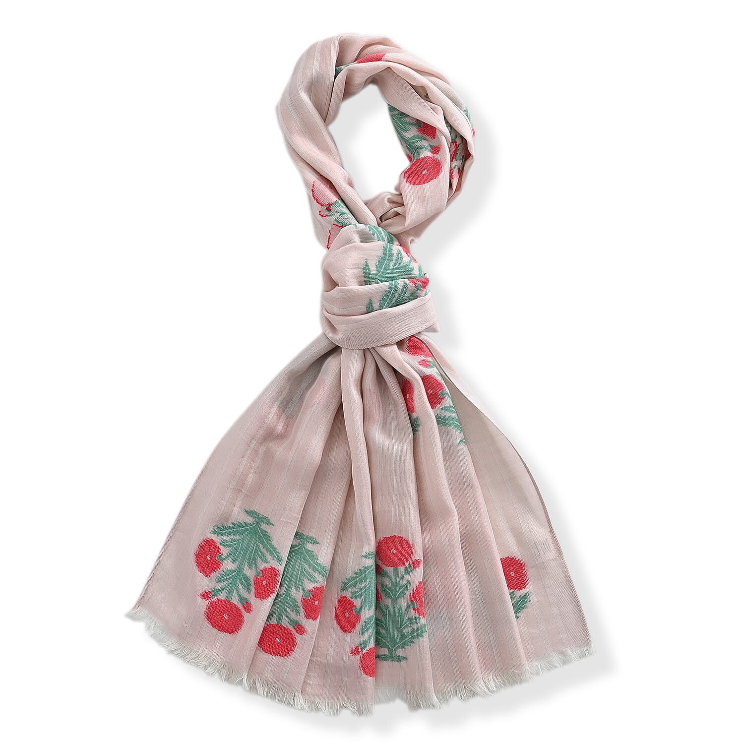 - Maisi Cotton Floral Printed Tassel Scarf (70 x 190 cm) - Pink
