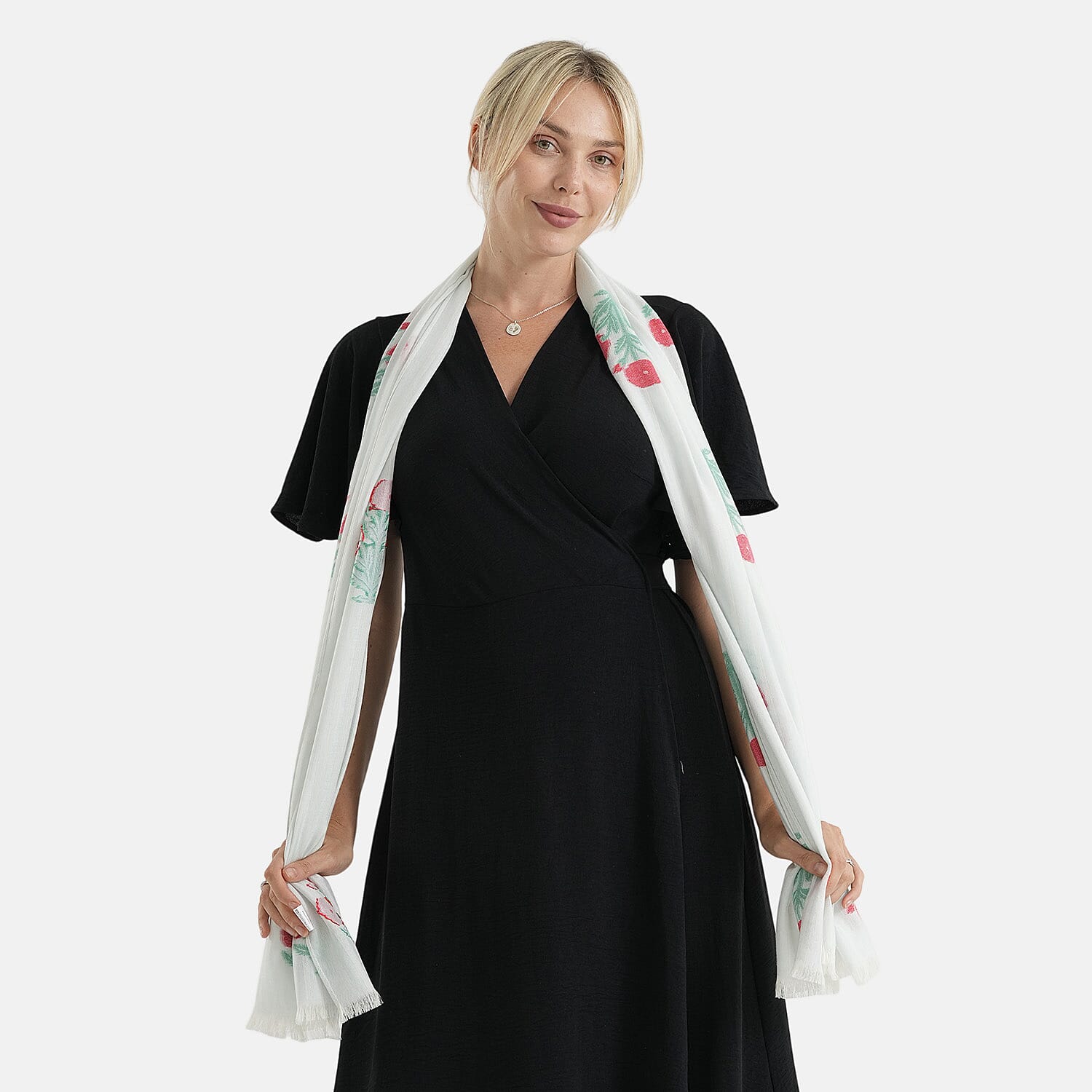 - Maisi Cotton Floral Printed Tassel Scarf (70 x 190 cm) - White