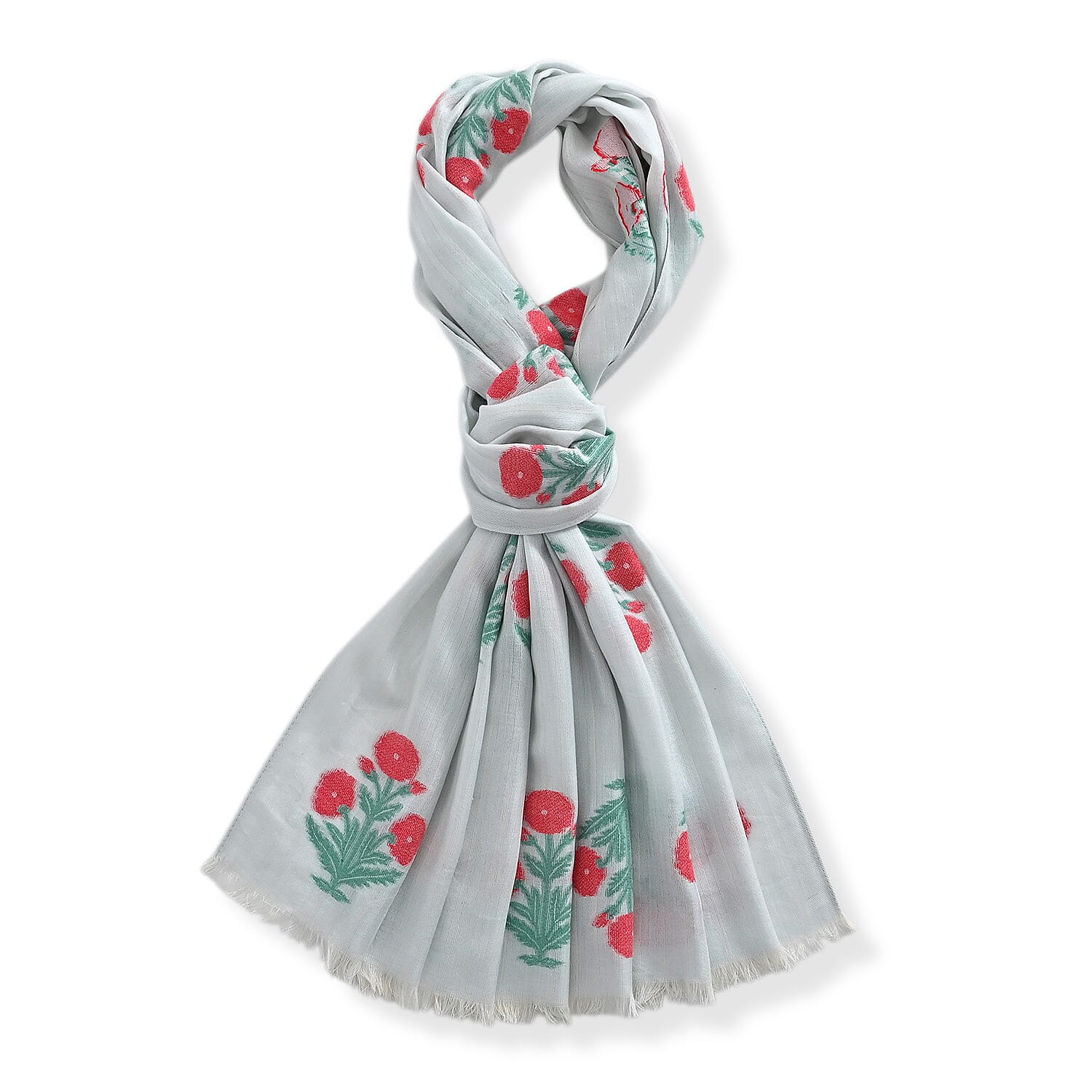 - Maisi Cotton Floral Printed Tassel Scarf (70 x 190 cm) - White