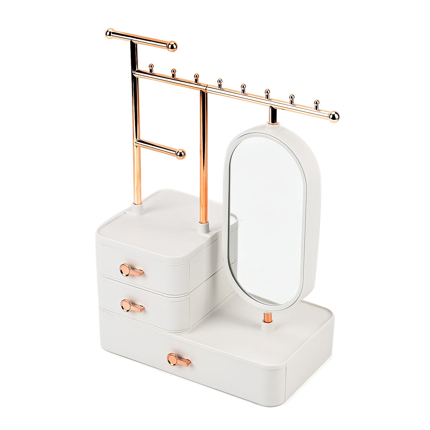 Tiered Tower Jewelry Holder with 360 Degree Rotating Mirror, 3 Layer Drawer (Size 25x15x37 cm) - White