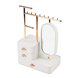 Tiered Tower Jewelry Holder with 360 Degree Rotating Mirror, 3 Layer Drawer (Size 25x15x37 cm) - White