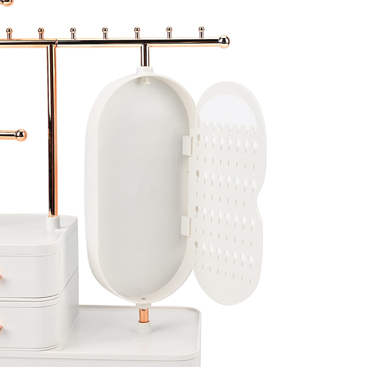 Tiered Tower Jewelry Holder with 360 Degree Rotating Mirror, 3 Layer Drawer (Size 25x15x37 cm) - White
