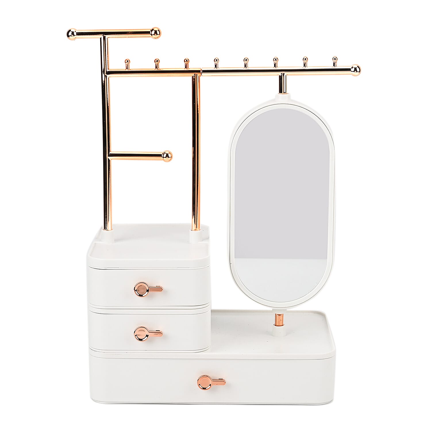 Tiered Tower Jewelry Holder with 360 Degree Rotating Mirror, 3 Layer Drawer (Size 25x15x37 cm) - White