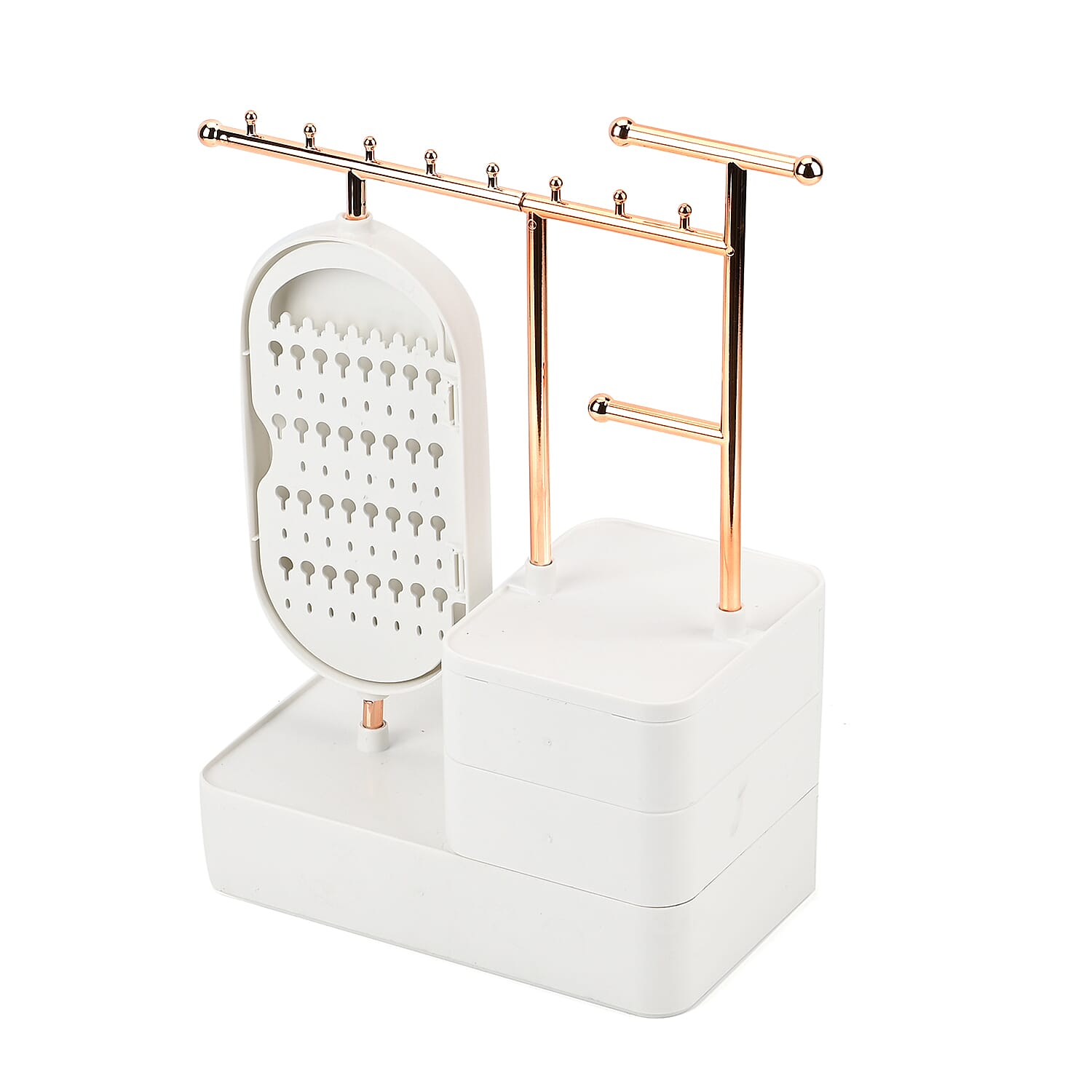 Tiered Tower Jewelry Holder with 360 Degree Rotating Mirror, 3 Layer Drawer (Size 25x15x37 cm) - White