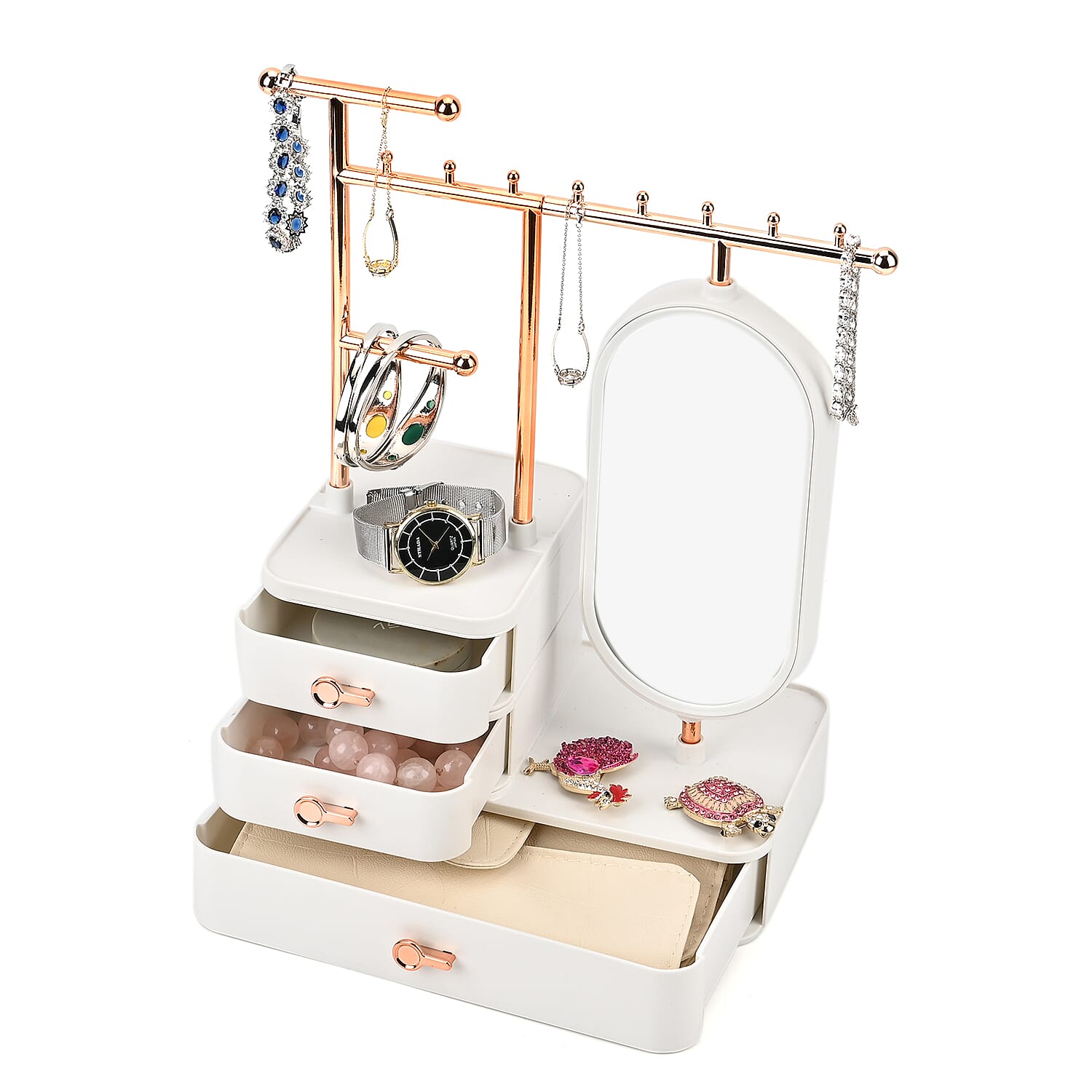 Tiered Tower Jewelry Holder with 360 Degree Rotating Mirror, 3 Layer Drawer (Size 25x15x37 cm) - White