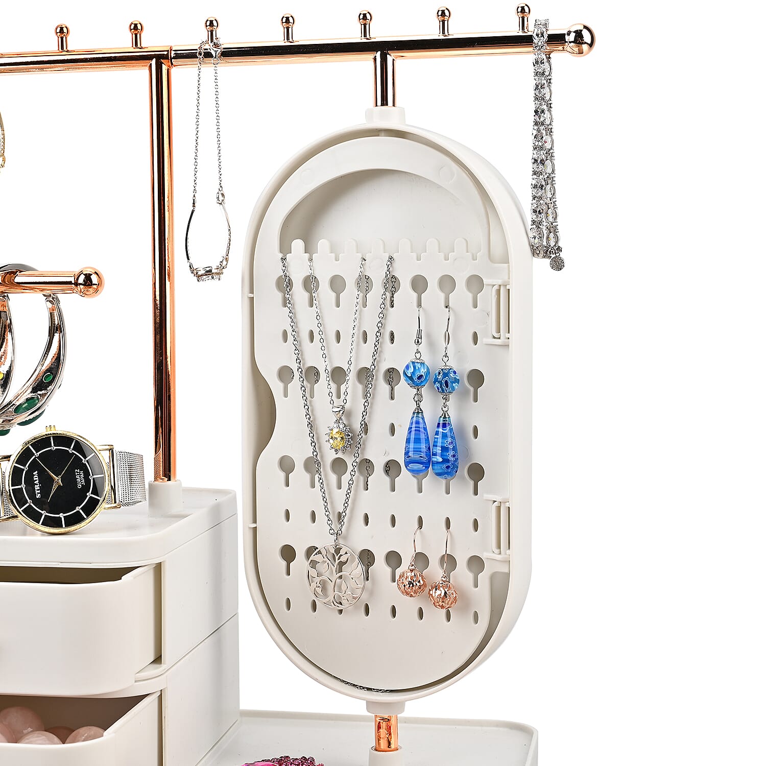 Tiered Tower Jewelry Holder with 360 Degree Rotating Mirror, 3 Layer Drawer (Size 25x15x37 cm) - White