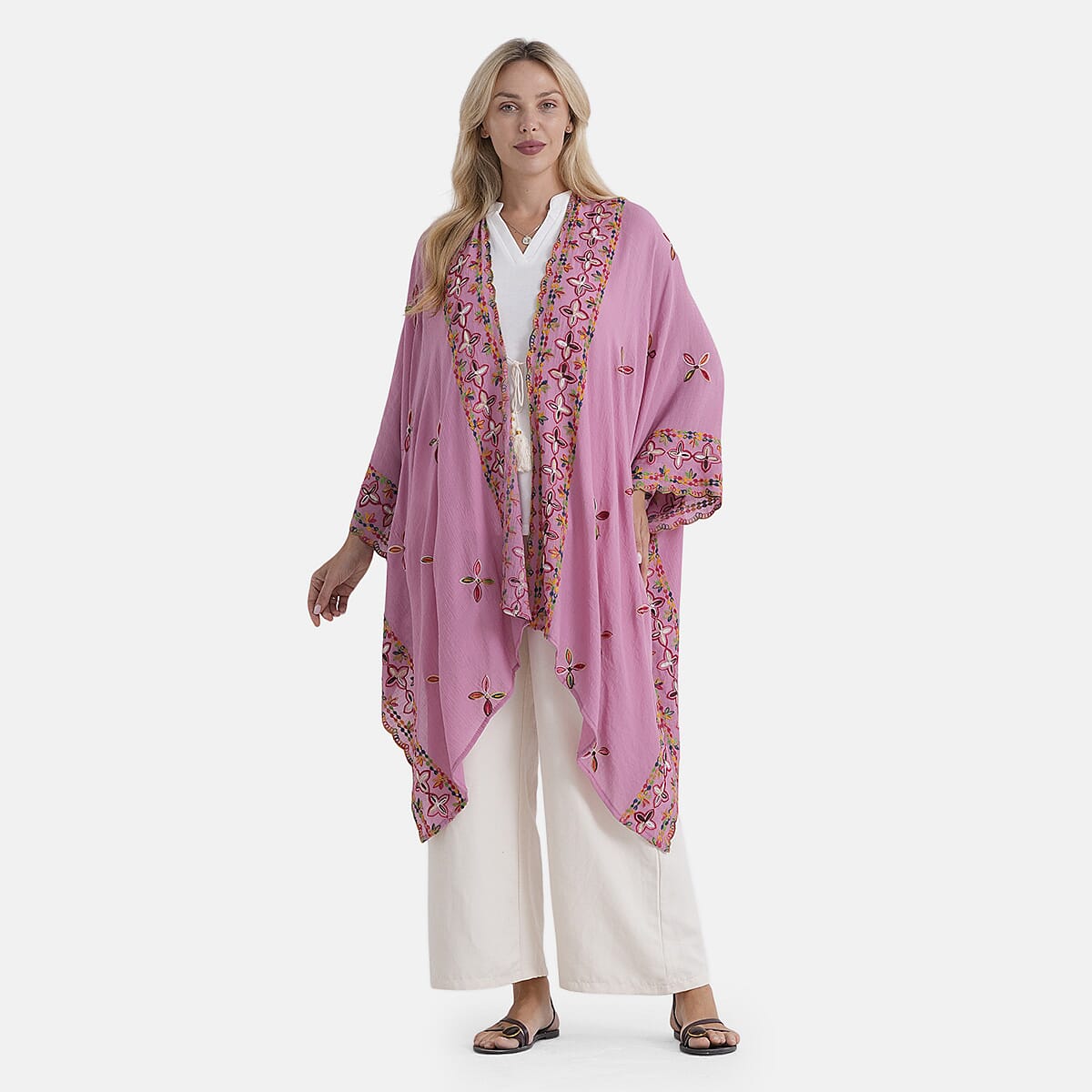 BRAND NEW LAUNCH - - Maisi Cotton-Blend Embroidered Long Kimono (One Size) - Pink