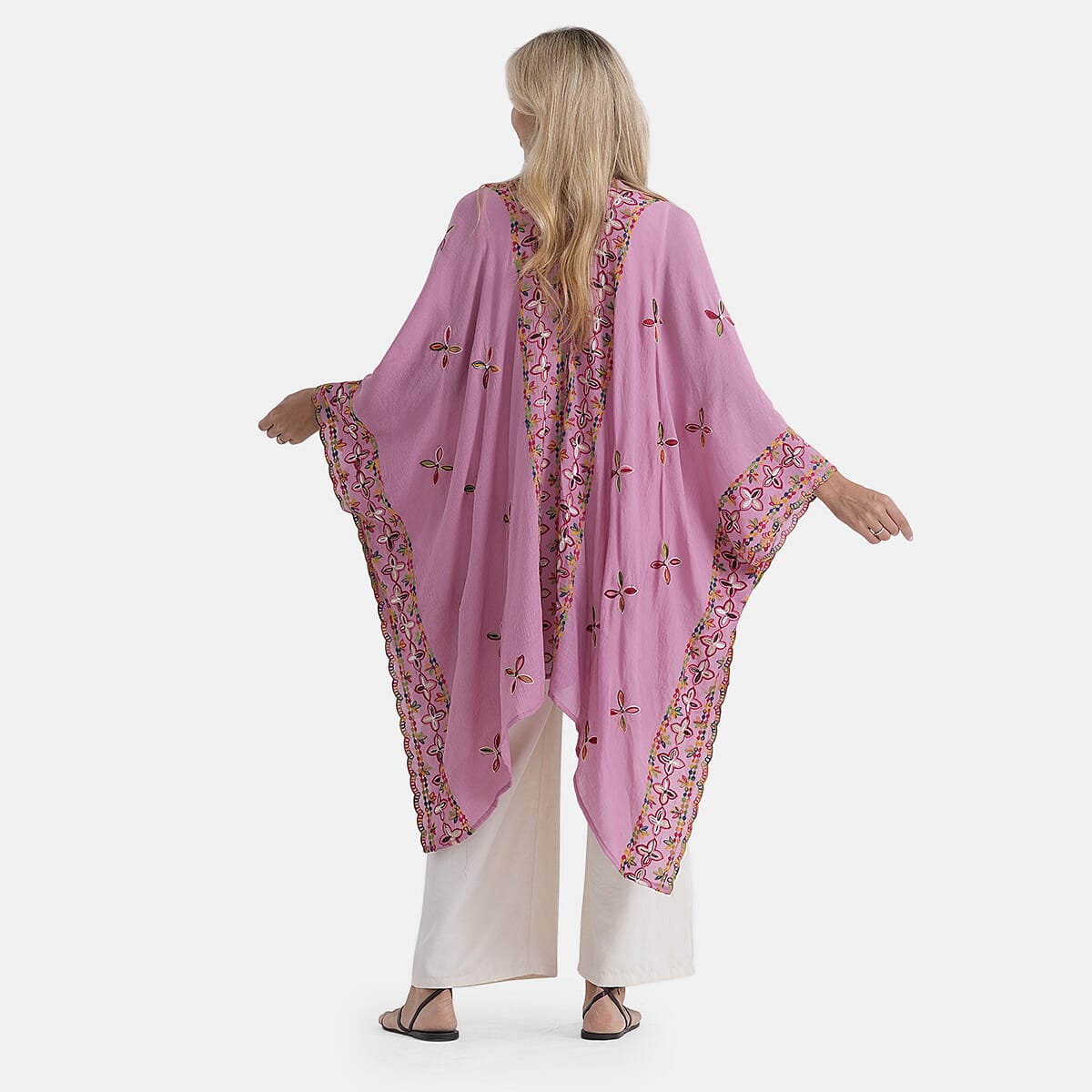 BRAND NEW LAUNCH - - Maisi Cotton-Blend Embroidered Long Kimono (One Size) - Pink