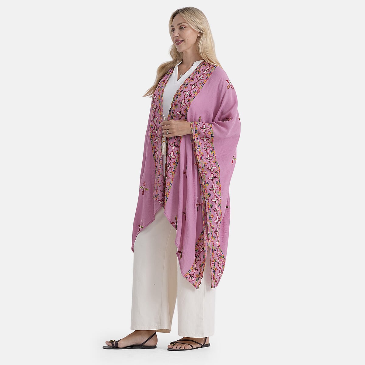 BRAND NEW LAUNCH - - Maisi Cotton-Blend Embroidered Long Kimono (One Size) - Pink