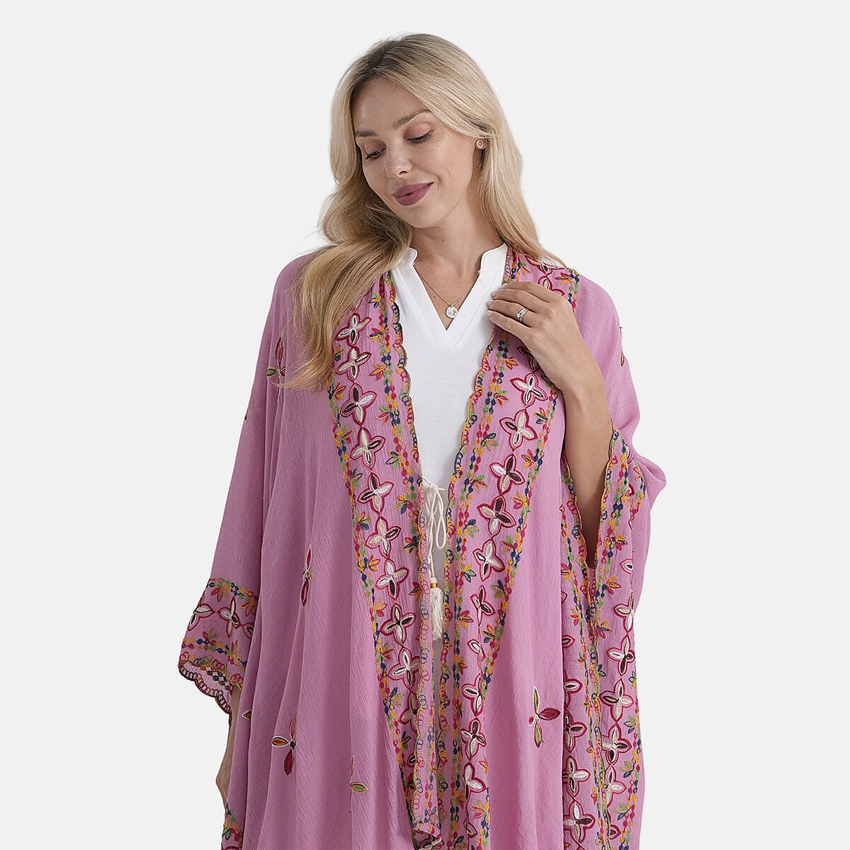 BRAND NEW LAUNCH - - Maisi Cotton-Blend Embroidered Long Kimono (One Size) - Pink