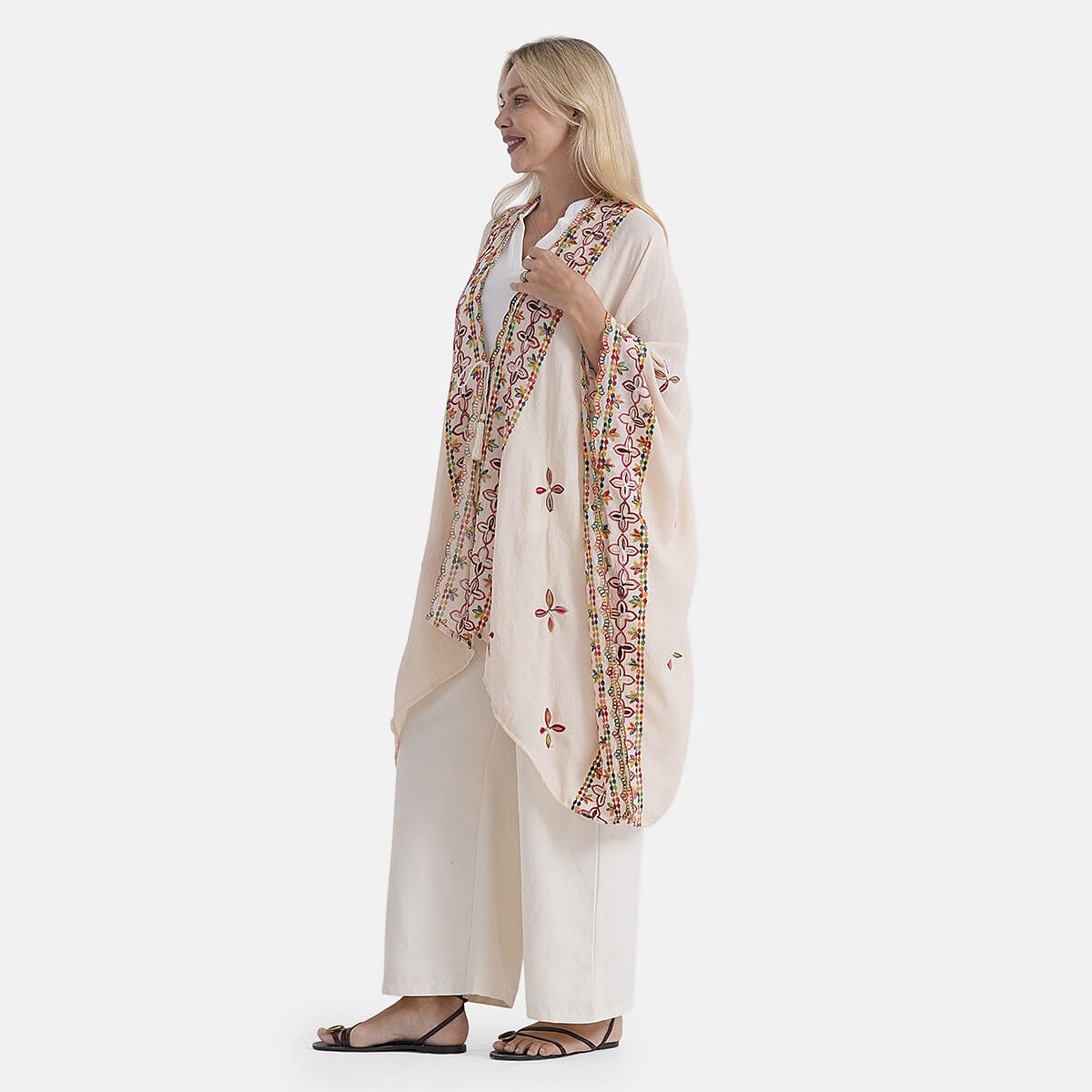 - Maisi Cotton-blend Embroidered Long Kimono (One Size) - Beige - Red