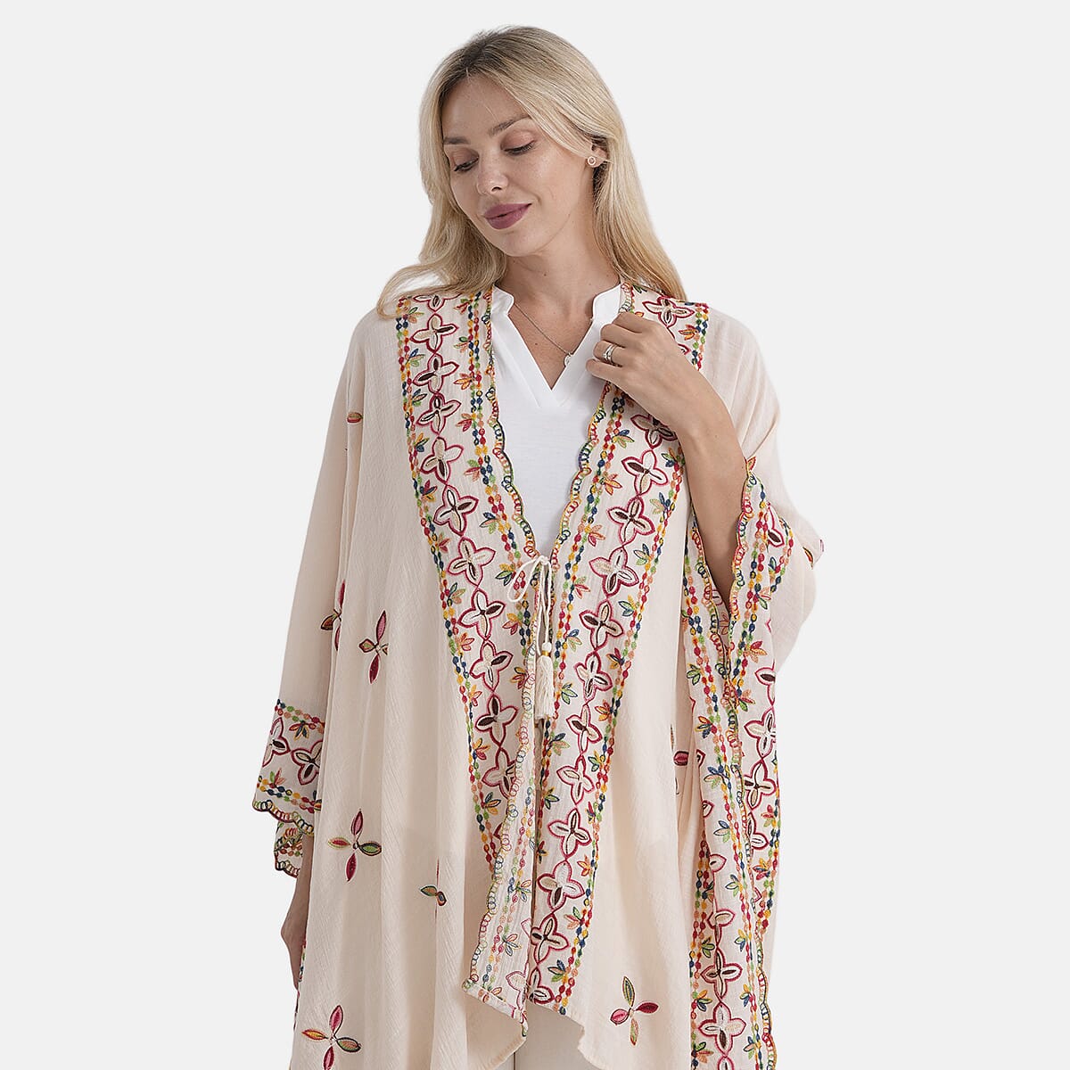 - Maisi Cotton-blend Embroidered Long Kimono (One Size) - Beige - Red